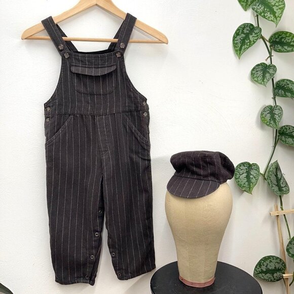Vintage GAP Toddler XXL (24 M) Cotton Pinstripe Retro Newsboy Overalls & Hat - Picture 1 of 6